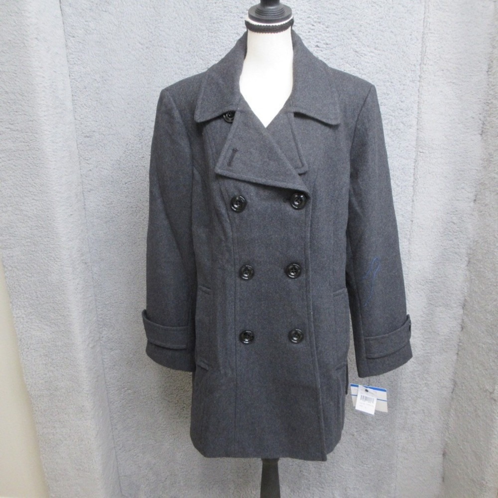 Anne Klein Peacoat Women XL Gray Wool Blend Double Breasted Officecore Preppy